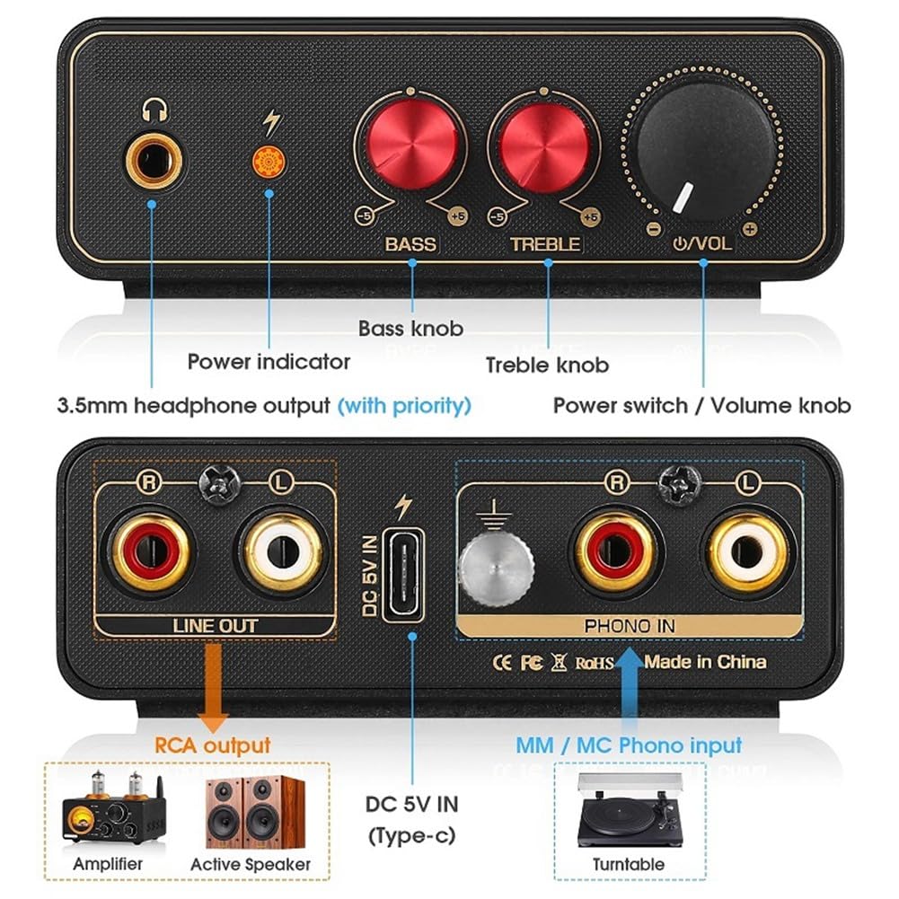Preamplificatore RIAA Mini MM/Phono Stage per Giradischi/Giradischi in Vinile LP con Uscita Cuffie da 3,5 mm