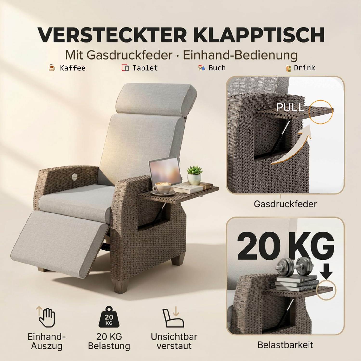 Sillón Relax Reclinable de Ratán para Jardín Exterior, Respaldo y Reposapiés Ajustables 160°, con Cojín Grueso y Funda, Mesa Auxiliar, Resistente UV, Carga 200KG, Tumbona para Terraza Patio y Salón