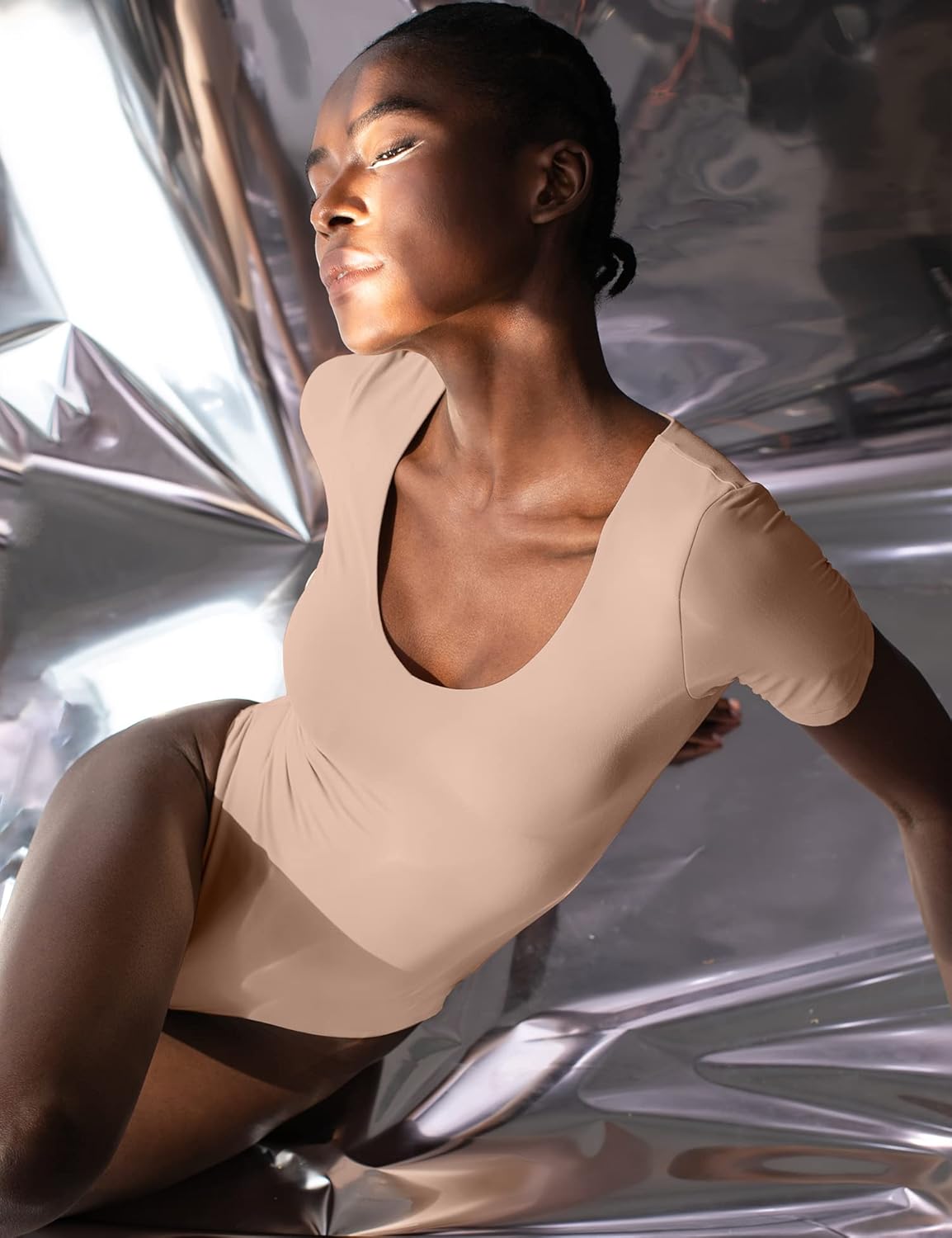 PUMIEY Women's V Neck Short Sleeve Bodysuit Sexy Tops Sharp Collection - Image 6