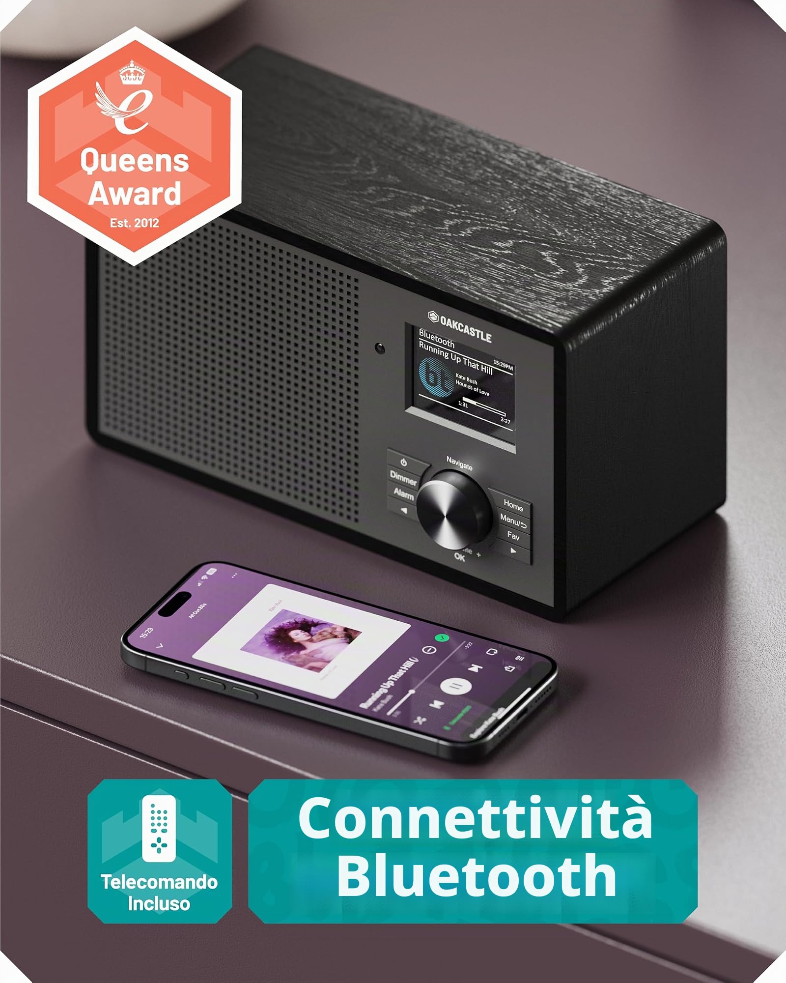 OAKCASTLE IR200 Radio Internet WiFi con Bluetooth 5.3 e Ingresso AUX | DAB+ e FM con Sintonizzatore Digitale | Podcast, Telecomando Incluso, Schermo a Colori Dimmerabile e EQ Personalizzabile