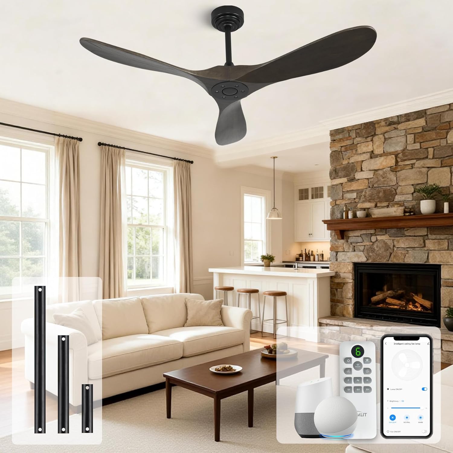 Smart Ceiling Fan no Light, 52 Inch Outdoor Ceiling Fan Without Light, Compatible with Alexa/Google/App, 3 Solid Wood Blades, Modern Wood Fan for Patio, Bedroom, Living Room, Dark Brown