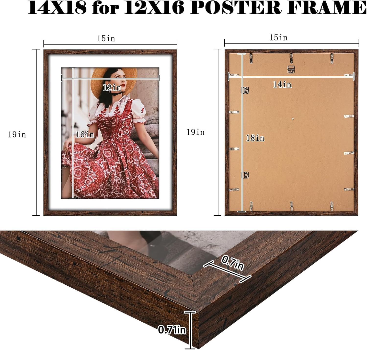HLiWEGNS Dark Brown 14x18 Frame Set of 3 - Rustic Woodgrain 14x18 Poster Frame for Pictures 12x16 with Mat or Picture Frame Without mat for Wall Gallery Display - Ideal Christmas Day