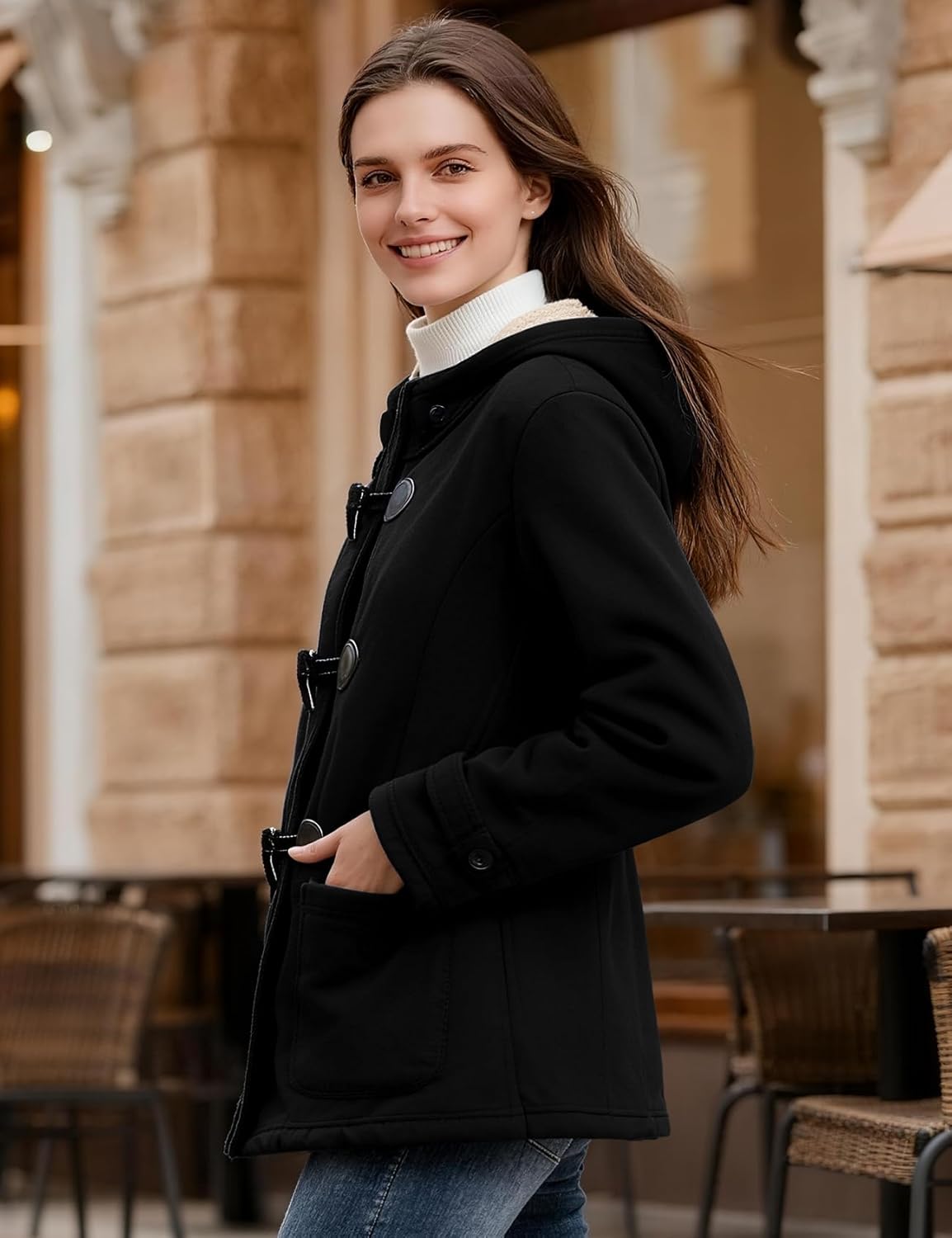 Flygo Sherpa Lined Winter Jackets for Women Fleece Hoodie Jacket Warm Fall Winter Toggle Duffle Coats - Image 3