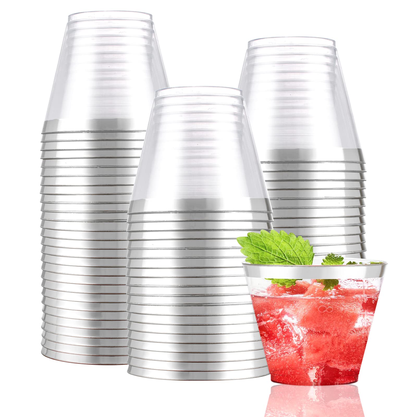 WDF 60 PACK Sliver Plastic Cups Disposable - 9 Oz Clear Plastic Cups with Silver Rim, Premium Silver Disposable Party Cups for Christmas, Holiday Gathering, Wedding, Party