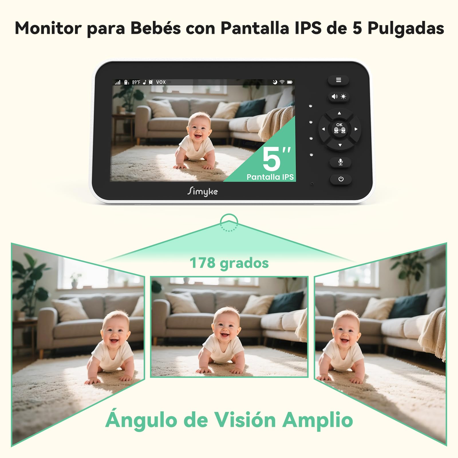 Simyke Monitor de video para bebé con cámara y audio, pantalla de 12,7 cm, 720P, sin wifi o modo de aplicación gratuita, Pan-Tilt-Zoom, canciones de cuna, recordatorio de alimentación, visión nocturna