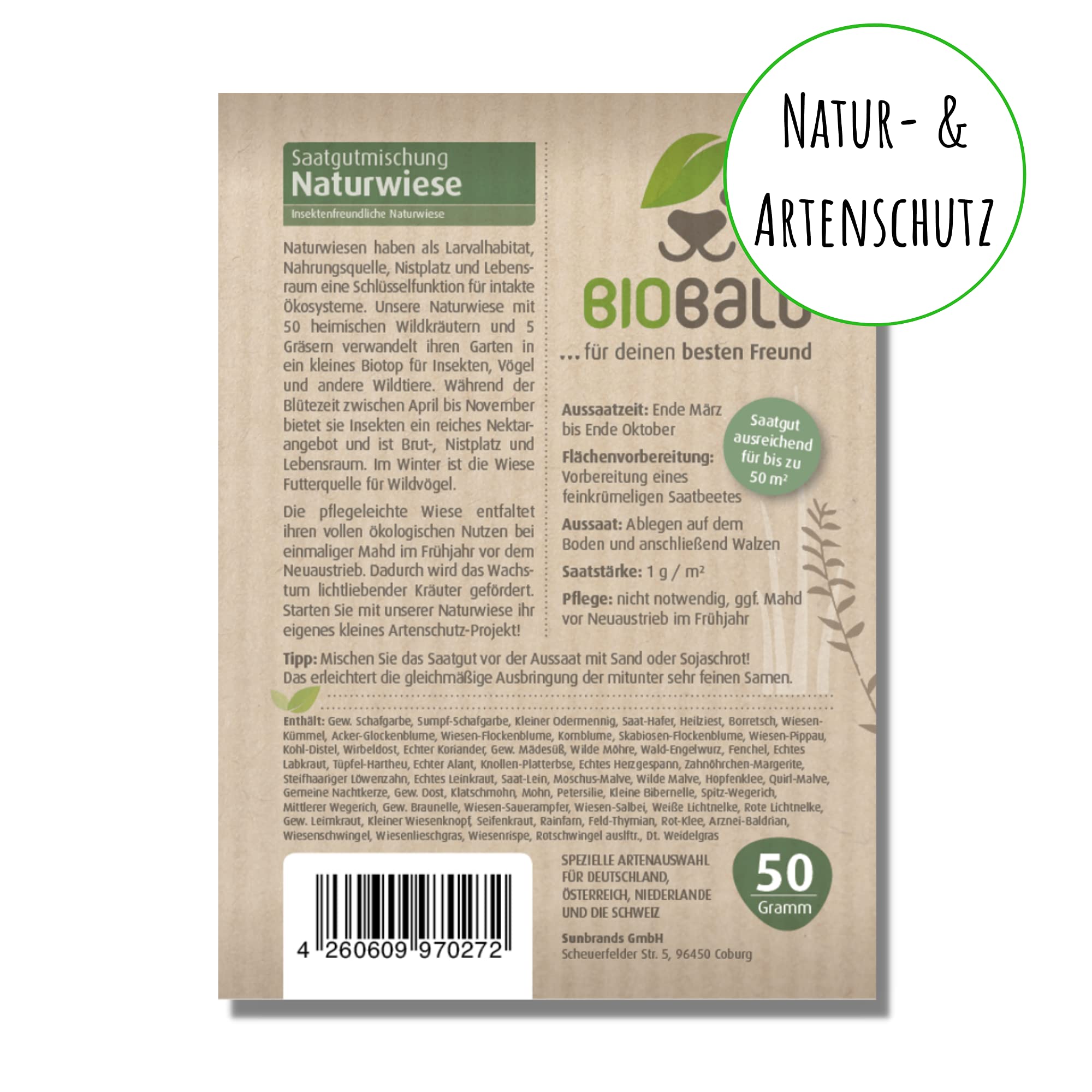 Biobalu Naturwiese - Insektenfreundliche Wildblumenwiese mit ber 50  heimischen Wildkrutern & Grsern, Saatgut Wiese mehrjhrig 50g :  Amazon.de: Garten