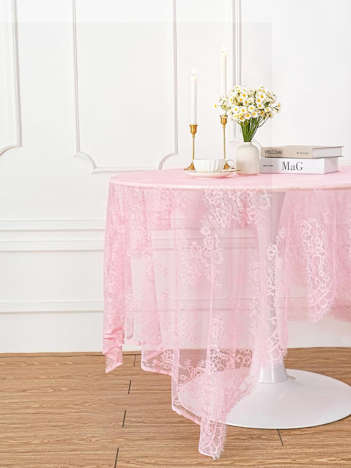B-COOL 5 Pieces Vintage Lace Tablecloth Rectangle 60x120 Inches Long Pink Embroidered Table Cloths for Rustic Wedding Parties Decor