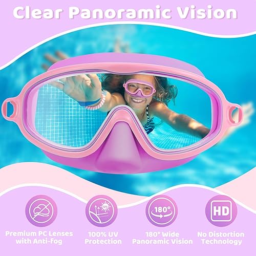 Miniatura 5 de Vvinca 2 gafas de natación para niños con cubierta para la nariz, máscara de buceo de natación de visión amplia, antivaho UV, anti roturas para