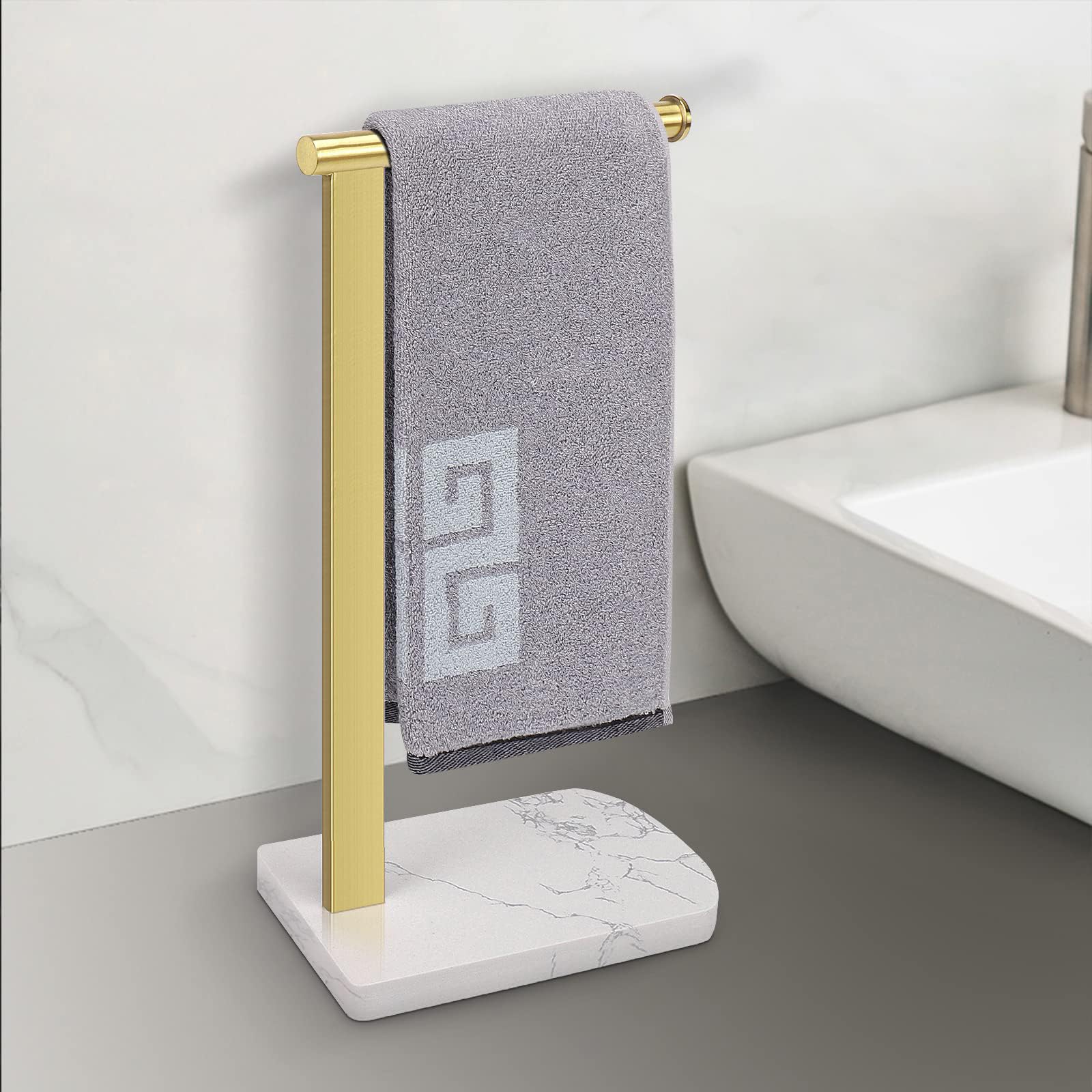 NearMoon Toallero de Mano con Base de mármol equilibrada, Soporte de Acero Inoxidable 304 en Forma de L, toallero de pie con aro para baño, Cocina o encimera (Barra Simple, Dorado Cepillado)