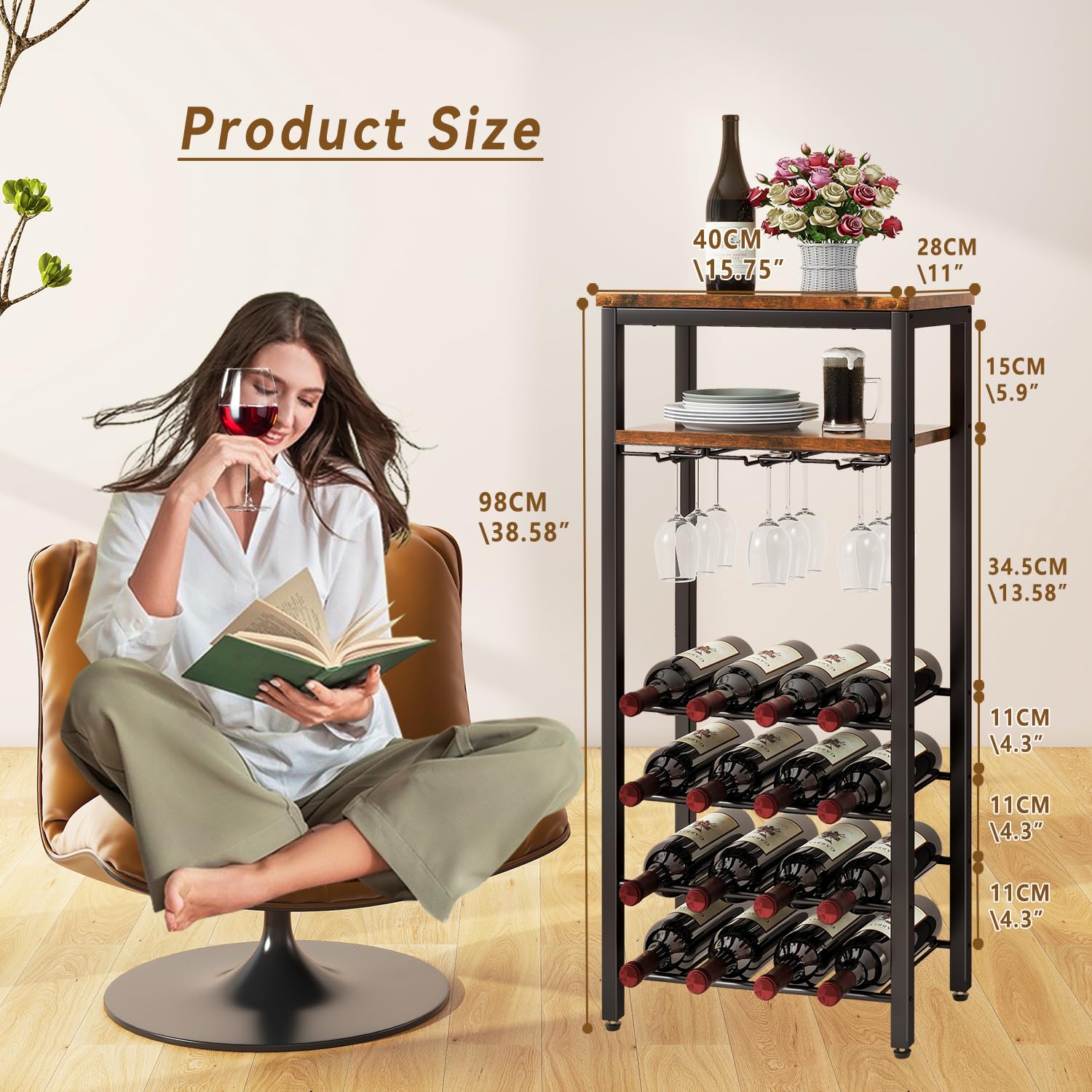 Estantes de vino independientes para piso, soporte para botellas de licor, gabinete de vino para 16 botellas con soporte para vidrio, soporte para vino, mini mesa de bar de vino para sala de 5