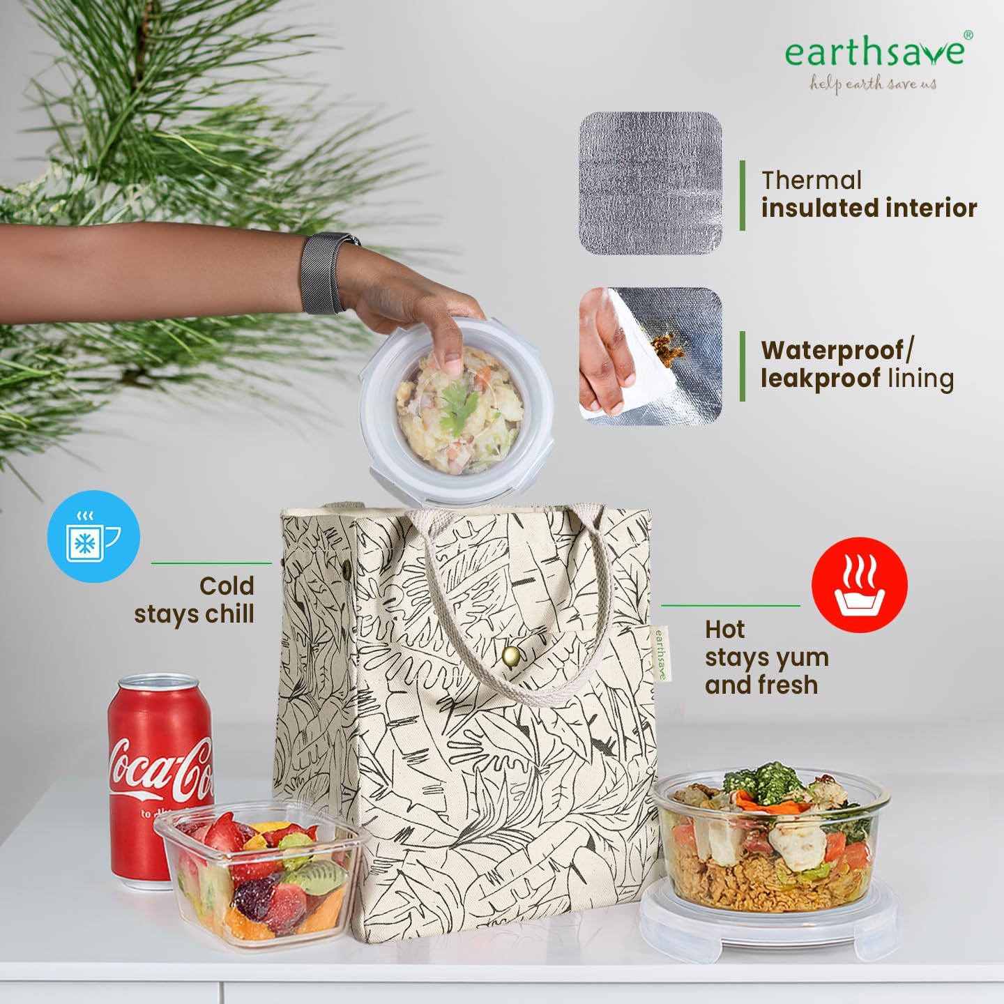 earthsave Insulated Lunch Bag for Office Women & Men (Off White & Olive Green) |Eco-Friendly Canvas Tiffin Bags for School, Cotton Drawstring for Kids| Cloth Box Bags | Small Lunch Bag 3