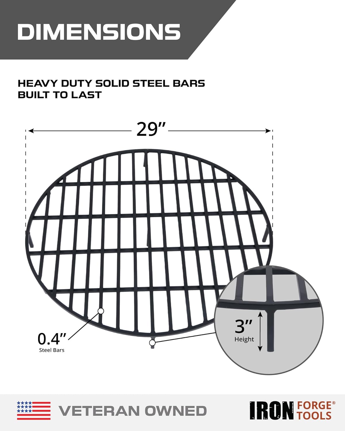 Iron Forge Tools Round Fire Pit Grate for Outside Campfire Firepit Ring Insert - 29 in. Heavy Duty Steel Works with 30-36 Inch Wood Burning Outdoor Fireplace Inserts