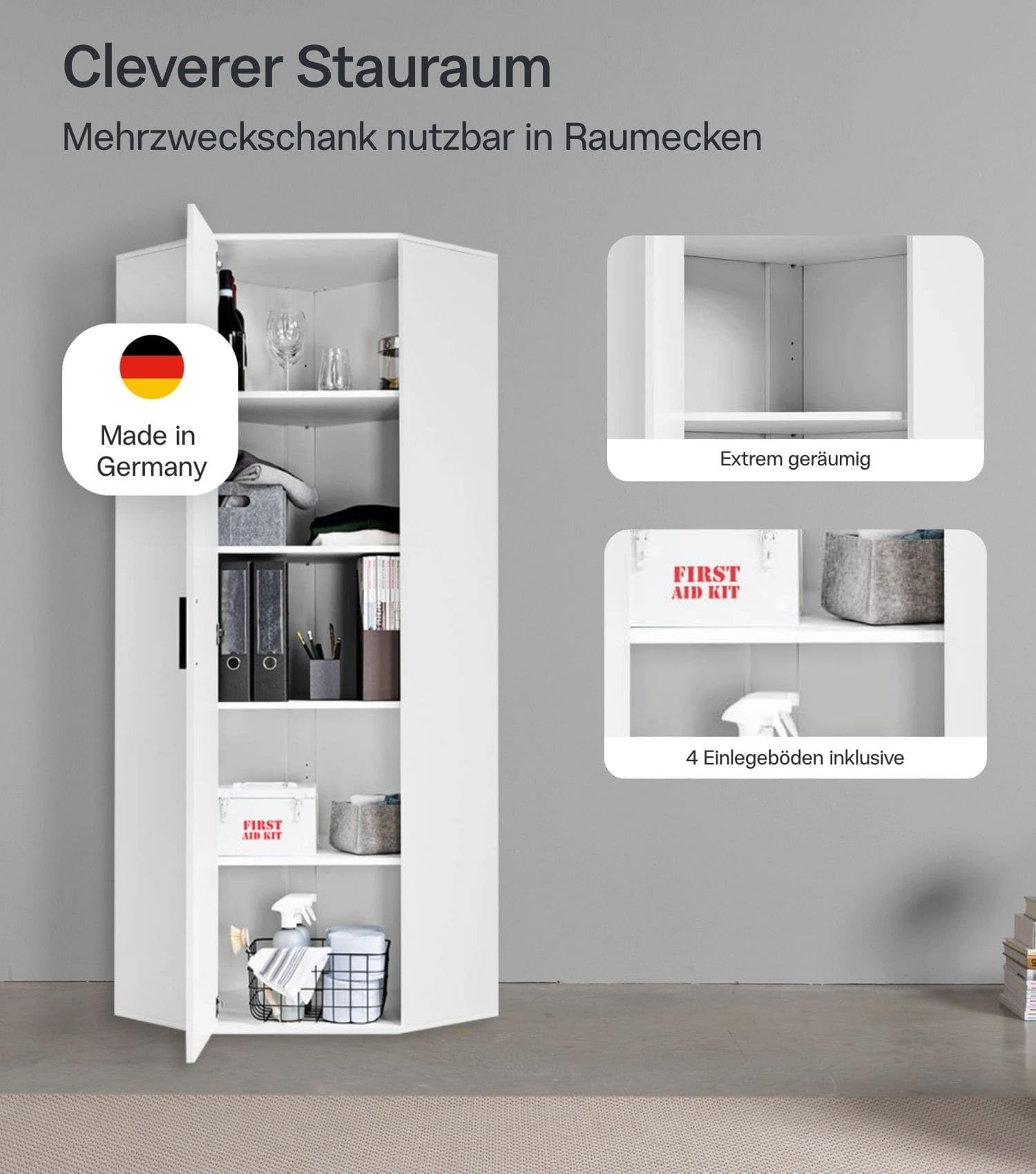 mokebo Mehrzweckschrank Eckschrank (64x180 cm) 'Der Lange' Made in Germany aus Holz Aktenschrank für Flur oder Büro Allzweckschrank Vorratsschrank Weiß