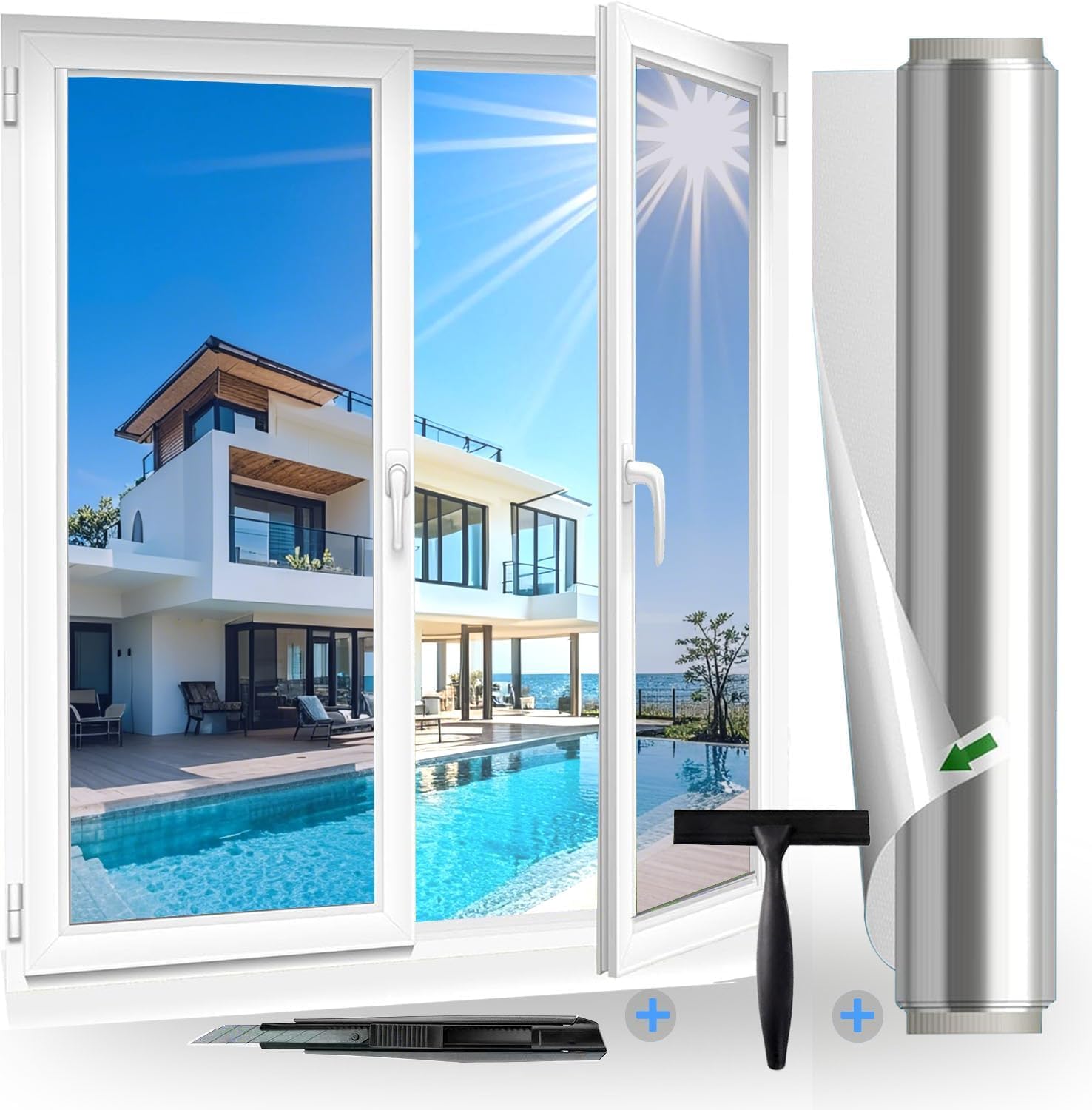 Fensfolie (118X200cm) Sonnenschutzfolie Fenster innen oder außen Silber, UV-Schutz Spiegelfolie, Ohne Rückstände Thermofolie Fenster Gegen Hitze, Sichtschutz Fensterfolie Hitzfolie