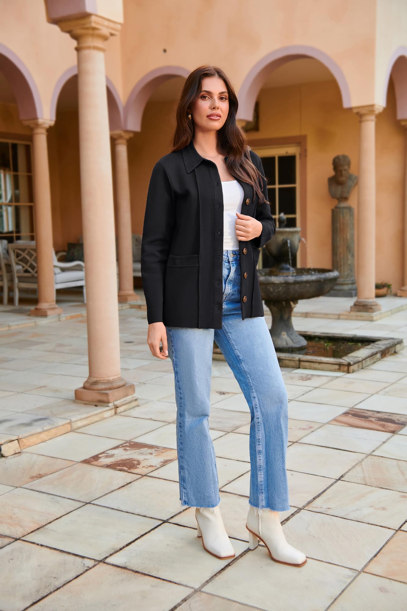 GRACE KARIN Maglione da Donna con Risvolto Cardigan Manica Lunga Button Down Maglione Classico con Tasche