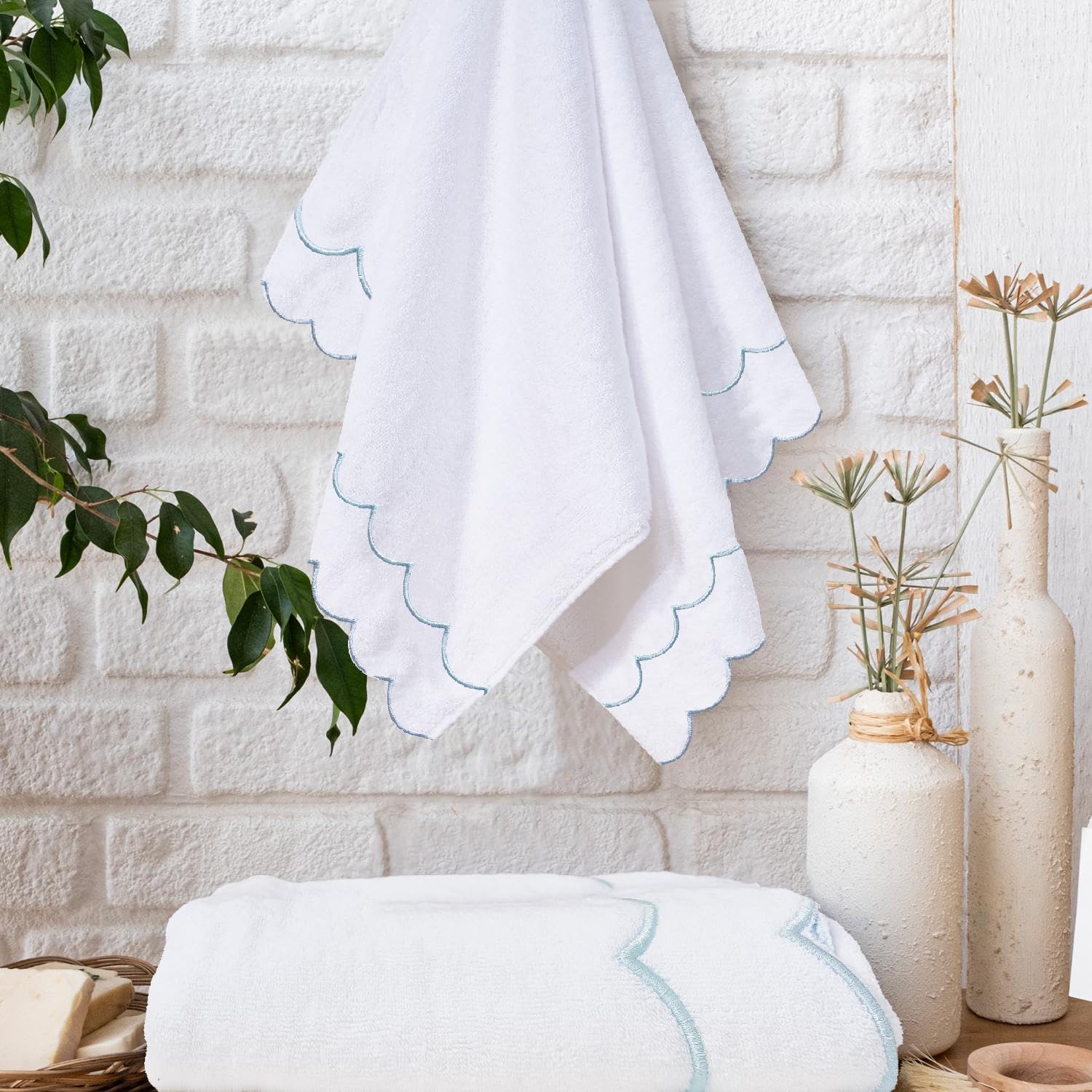 100% Cotton Scalloped Hand Towels 600 GSM Embroidered Soft Absorbent Decorative Bath Towels for Bathroom Hotel Spa Yoga Sport Blue 2-Pack 27" L x 16" W - Image 2