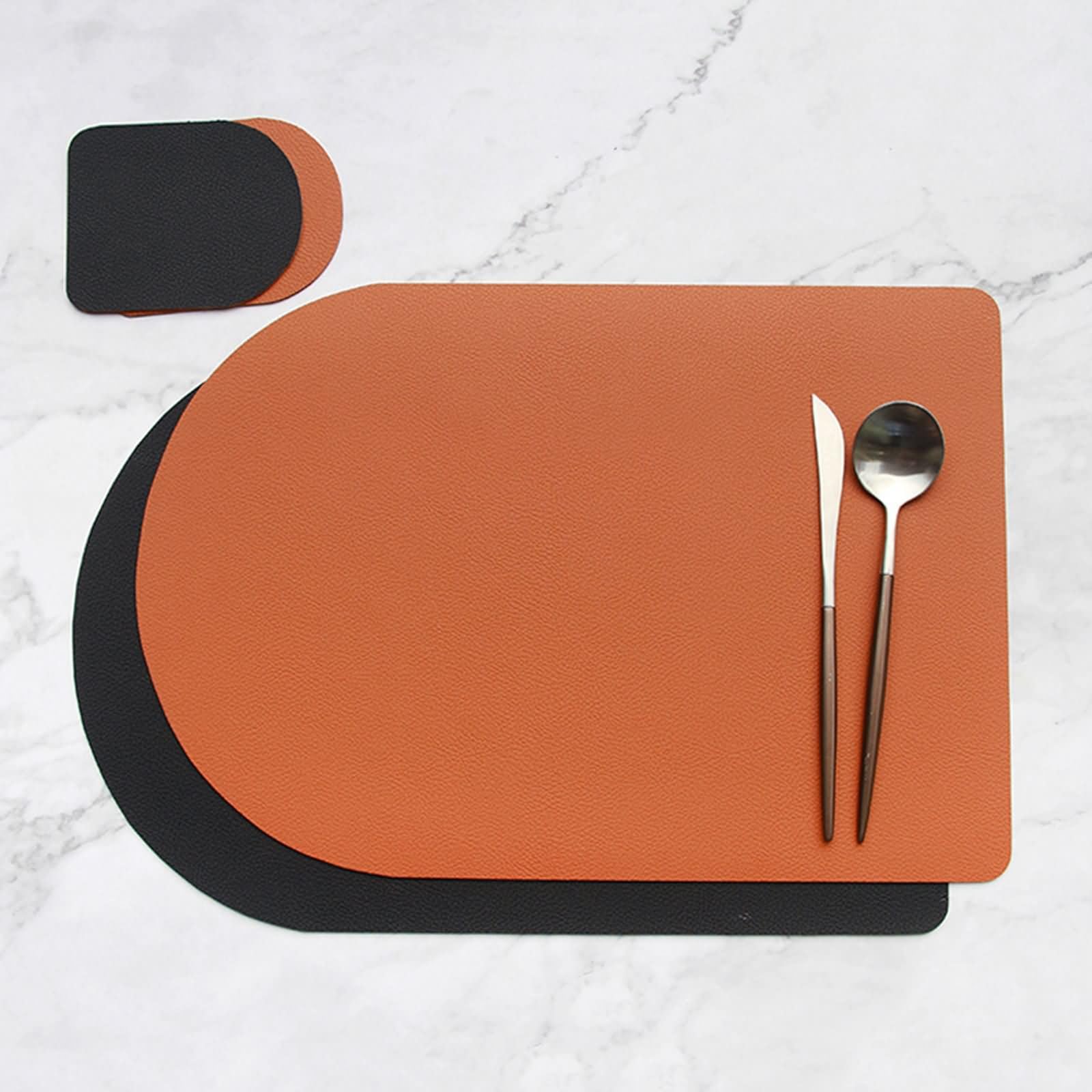 8 Manteles Individuales,30 x 44 CM,Cuero PU Manteles Individuales Color Sólido con Geométrico Manteles Individuales Antimanchas Naranja Marrón Negro