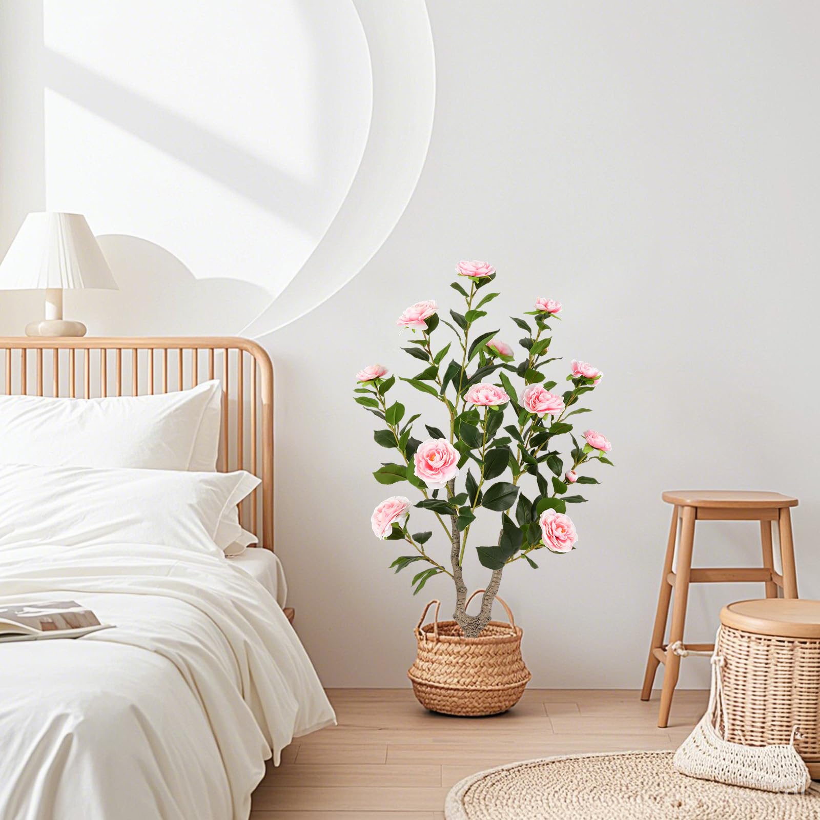 GIANTEX Albero di Camelia Artificiale da 90 cm, Pianta Finta con 16 Fiori di Camelia Rosa in Tessuto, Tronco in Legno Massiccio, Pianta Decorativa in Vaso per Ristorante, Ufficio (Rosa)