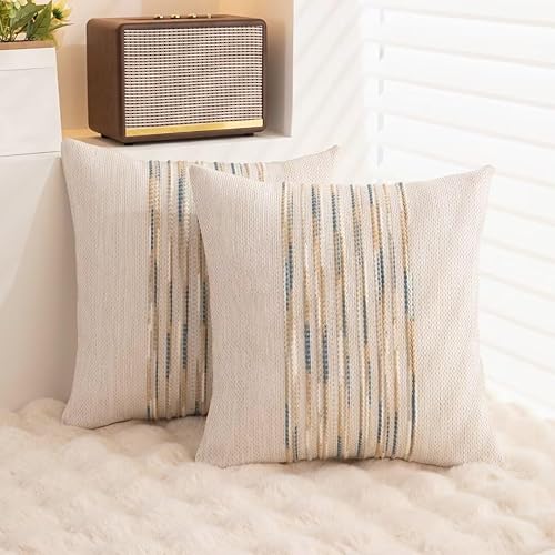 Miniatura 4 de WANLIRD Juego de 2 fundas de cojín bohemias de 18 x 18 pulgadas, fundas de cojín cuadradas de felpilla decorativas de granja a rayas, fundas de