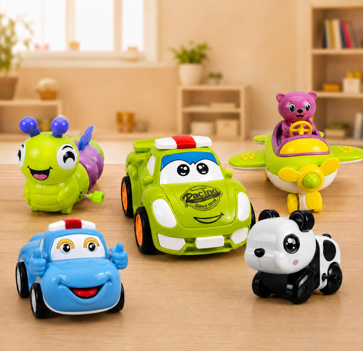 Fun Toys 5-in-1 Combo Pack for Kids – Robot Transforming Car, Car with Driver Figure, Panda Wind-Up Toy, Pink Cat Toy Airplane & Wind-Up Jumping Jacks Playset (5-1 Pack with 2 Cars)-image-25