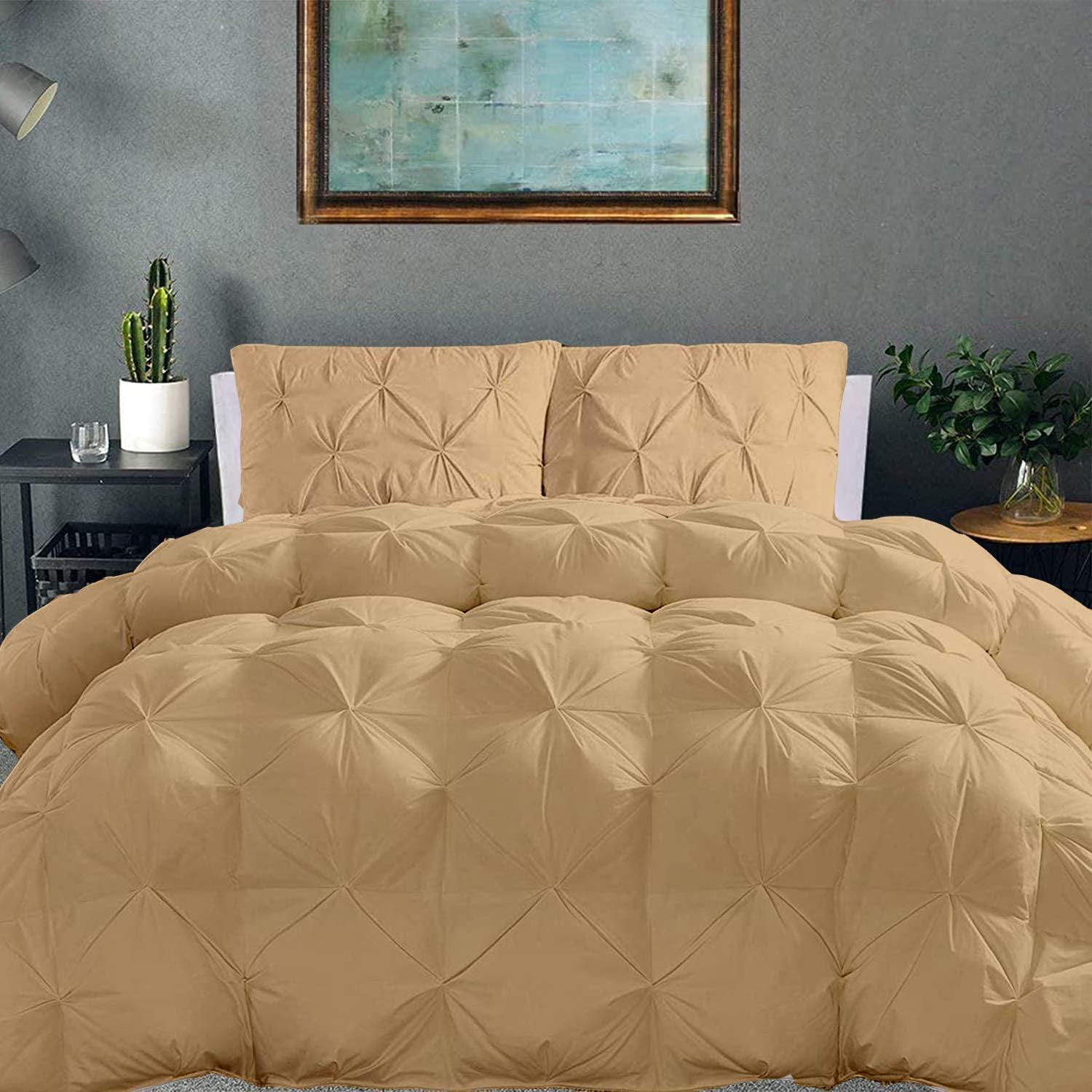 Pinch Pleated 100% Cotton Duvet Set - Lightweight All Season Down Alternative Duvet - Soft Quilted, Cooling Comforter Cover - for Warm Weather/Hot Sleepers -(King/Cal King, Taupe)