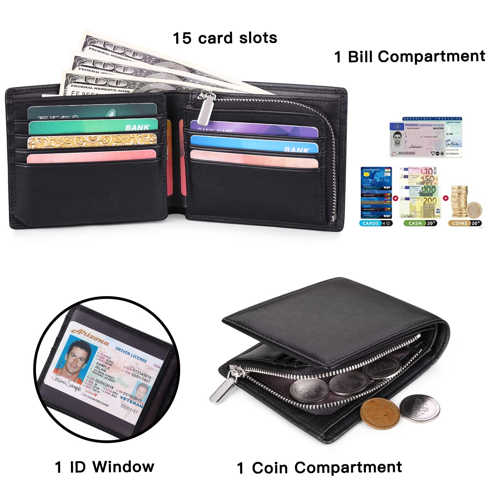 SENDEFN Portefeuille Homme en Cuir Véritable avec Protection RFID, Porte-Monnaie, Portefeuille pour Hommes Grande Capacite avec 15 Porte Carte Crédit et Poche à Glissière Pièces de Monnaie