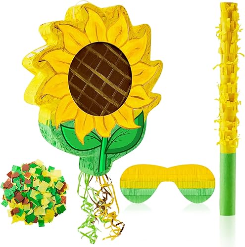 Juego de 4 piezas de piñata de girasol, piñata de flores, decoración de fiesta de cumpleaños con cuerda de tracción, piñata de girasol, barra, venda