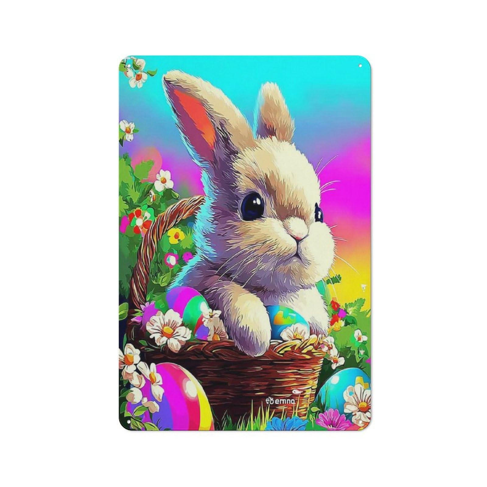 Junmoney Colorful Easter Bunny Basket -1 Metal Wall Sign 30X20cm Featuring For Home Bar Wall, Suited To Bar Sign Collectors