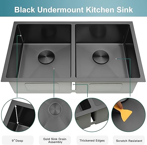 Vista 84 de LQS Fregadero de cocina dorado de 31 pulgadas, fregadero de cocina de acero inoxidable 50/50 de 31 x 18 pulgadas, fregadero de cocina de acero