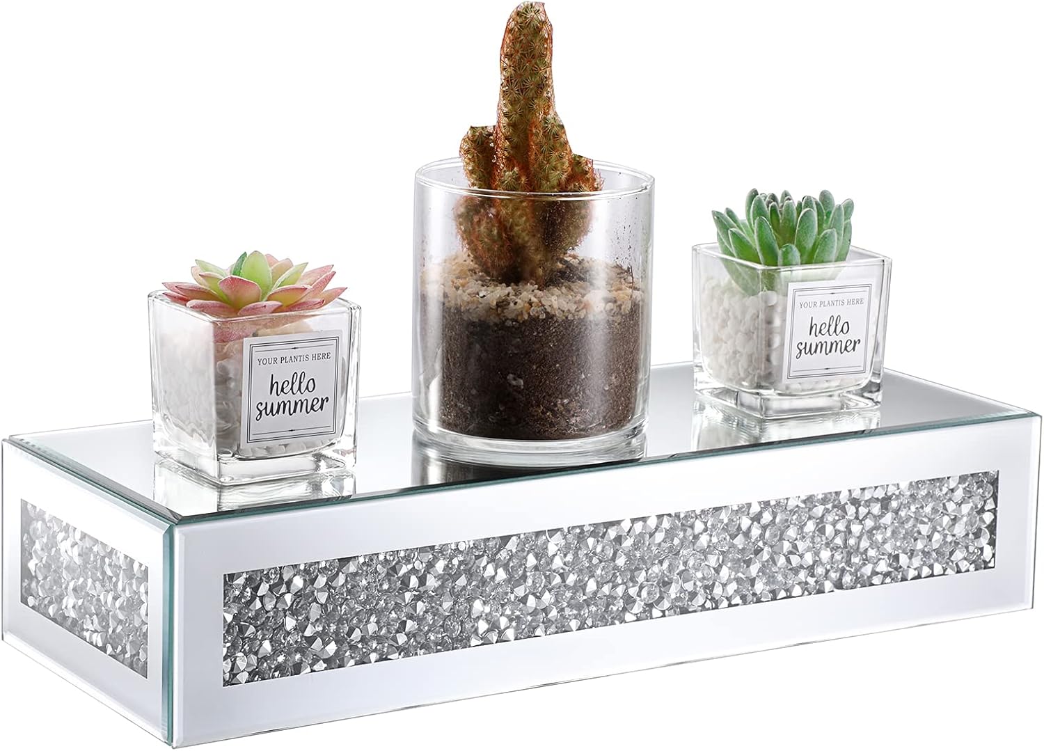 JUXYES Crushed Diamond Wall Floating Shelves Sparkle Glass Riser for Display, Wall Art Showcase Shelf Decorative Pedestal Stand Unique Glass Display Floating Wall Shelf