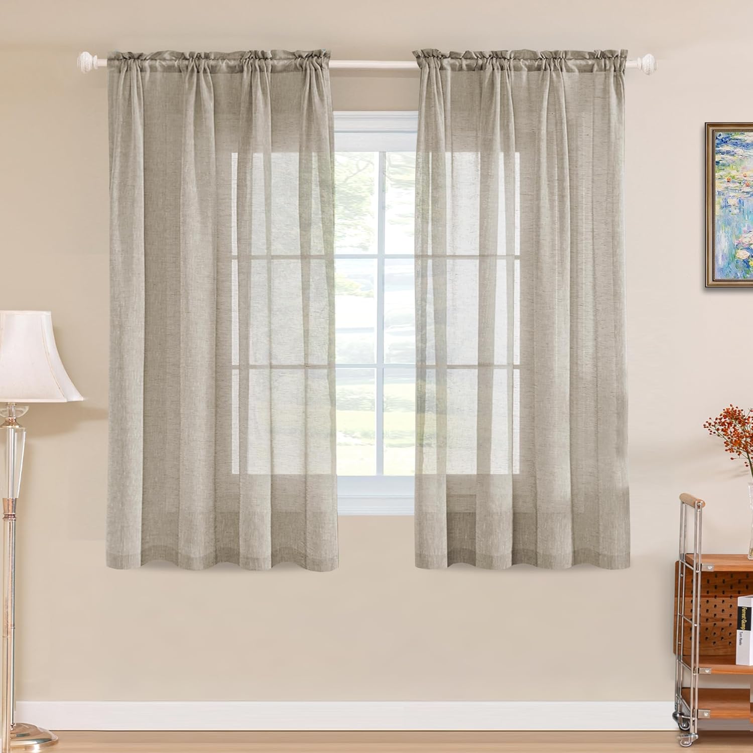 Turquoize Linen Sheer Curtains Natural Linen Semi Sheer Curtains White 96 Inches Long Light Filtering Burlap Curtain 2 Panels Rod Pocket Window Treatments Panels/Drapes, Privacy Assured, Taupe