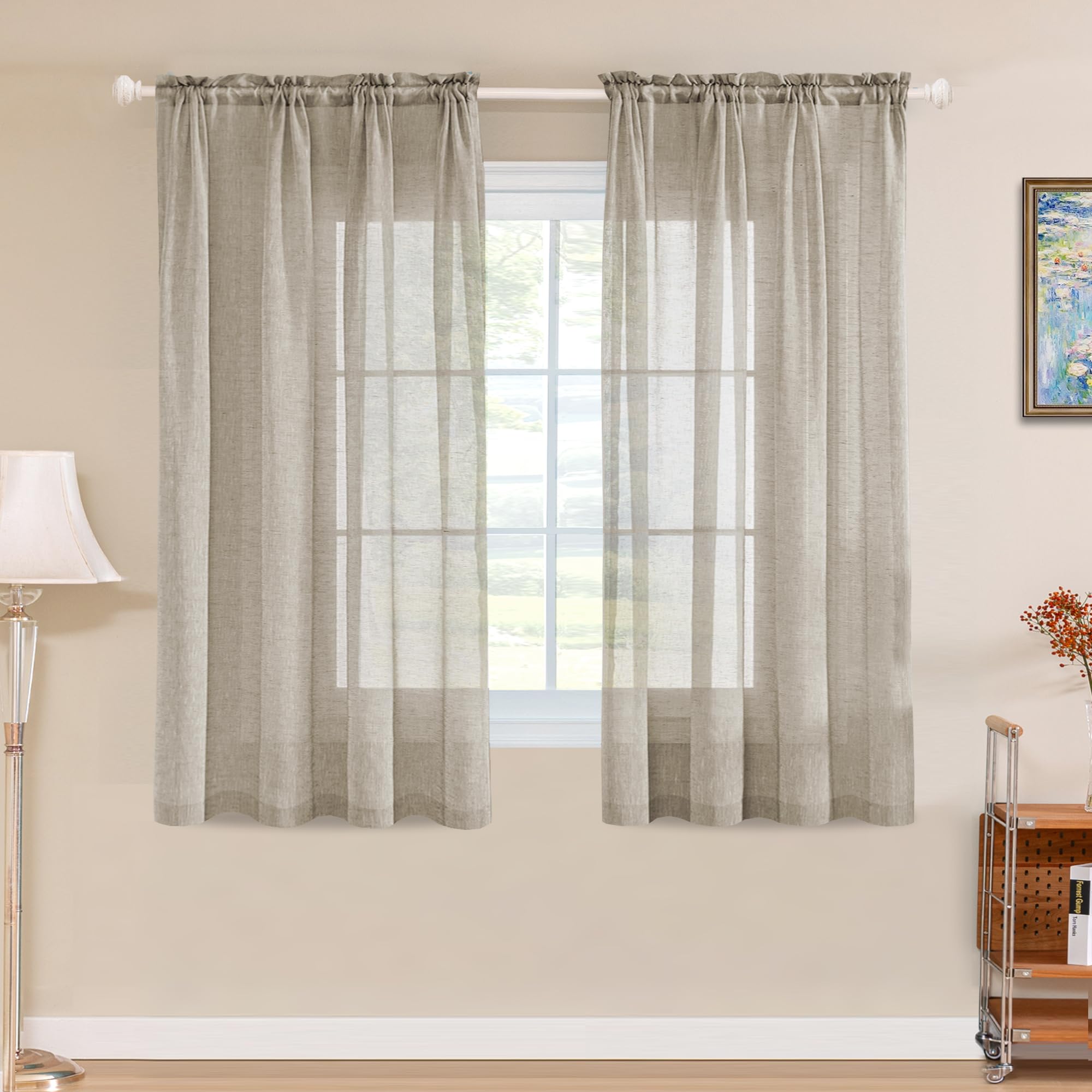 Turquoize Linen Sheer Curtains for Bedroom 63 Inch Length Taupe Natural Linen Blended Curtains Rod Pocket Light Filtering Burlap Curtain Linen Window