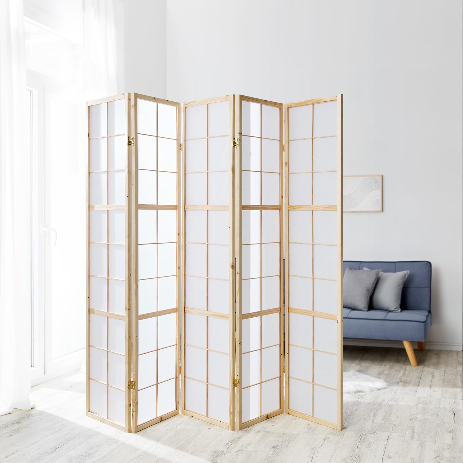 Homestyle4u 5 pan diviseur de pièce écran Pliant - Bois diviseur Shoji en Papier de Riz Blanc Naturel
