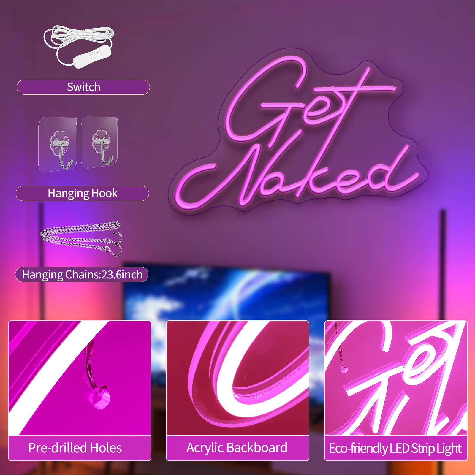 Neon Signs for Wall Decor Pink LED Light Sign for Preppy Room Decor Light Up Sign for Birthday Party Decoration USB Powered: Get Naked