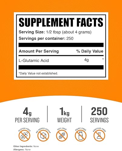 Miniatura 2 de BulkSupplements. com Polvo de ácido L-glutámico - Suplemento de glutamato, suplemento de aminoácidos - Sin sabor y sin gluten, 0.14 oz por porción,
