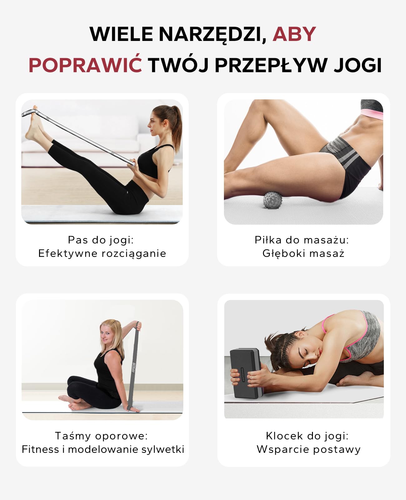 HAPBEAR 2 Klocki do Jogi – 23×15×7,5 cm EVA, Antypoślizgowe i Lekkie, Ergonomiczne, Stabilne do Pilates i Rozciągania – z Paskiem, Taśmami i Piłką do Masażu