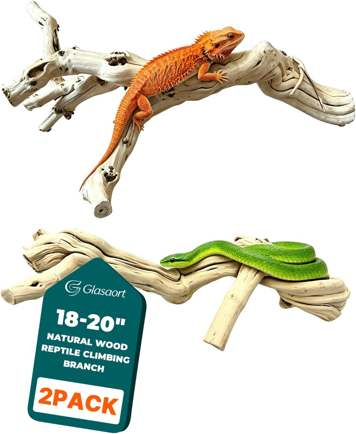 2Pack 18-20" Natural Wood Reptile Climbing Branch for Bearded Dragon | Large Driftwood Reptile Climbing Habitat Decoration, for Gecko Frog Chameleon Spider, Unique Reptile Wood Branch