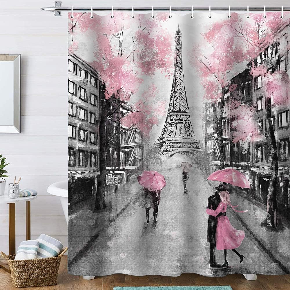 Paris Eiffel Tower Shower Curtain and Bath Mat Set, Romantic Couple Pink Cherry Blossom Bathroom Decor, Waterproof Shower Curtain with Non-Slip Rugs, Parisian Bathroom Accessories for Women