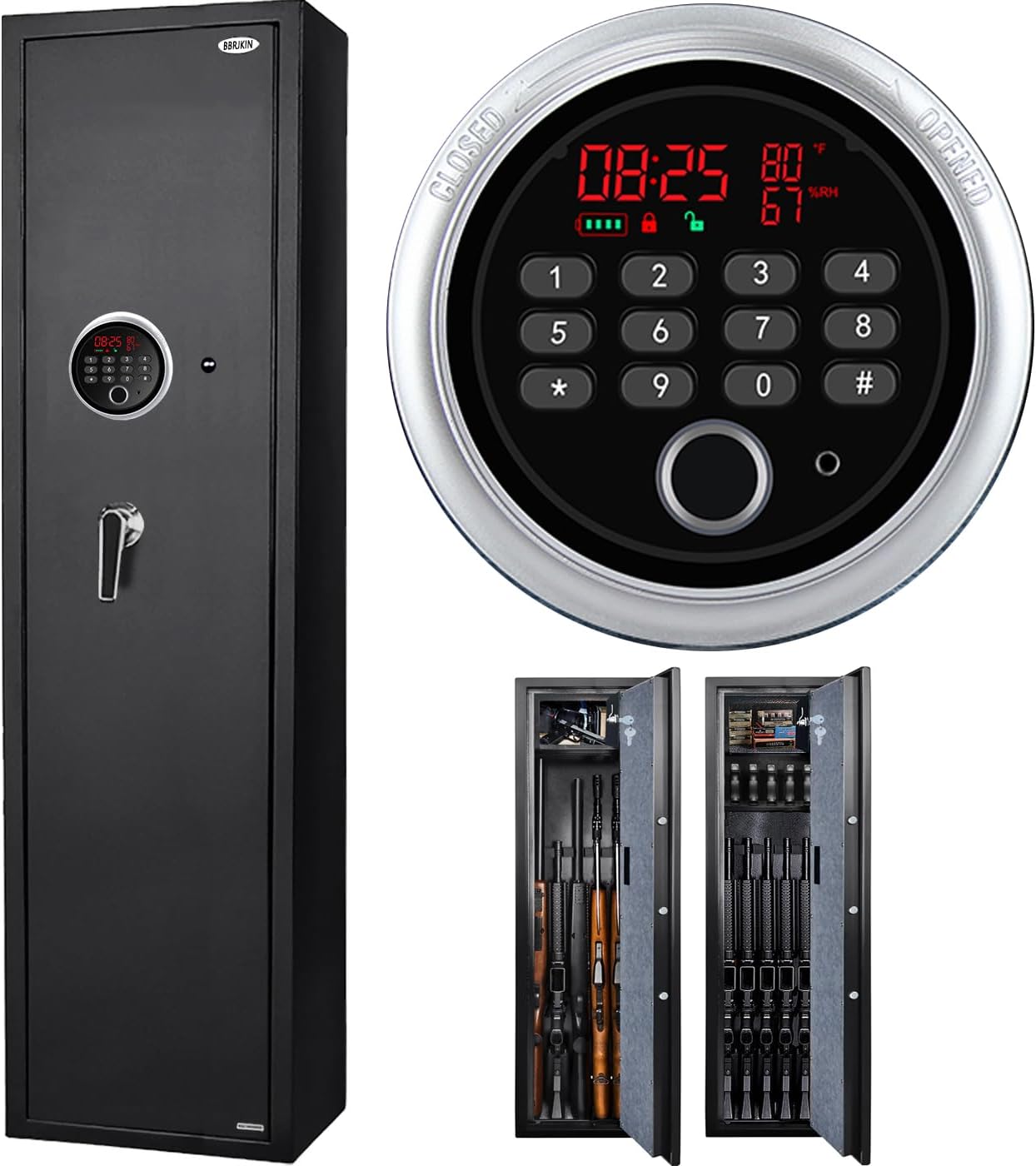 2025 New and Improved Rifle Safe, Biometric Long Gun Safe for Rifle Shotgun with Time Temperature Humidity Display, Quick Access 5-6 Gun Storage Cabinet with Lock Box and Removable Shelf