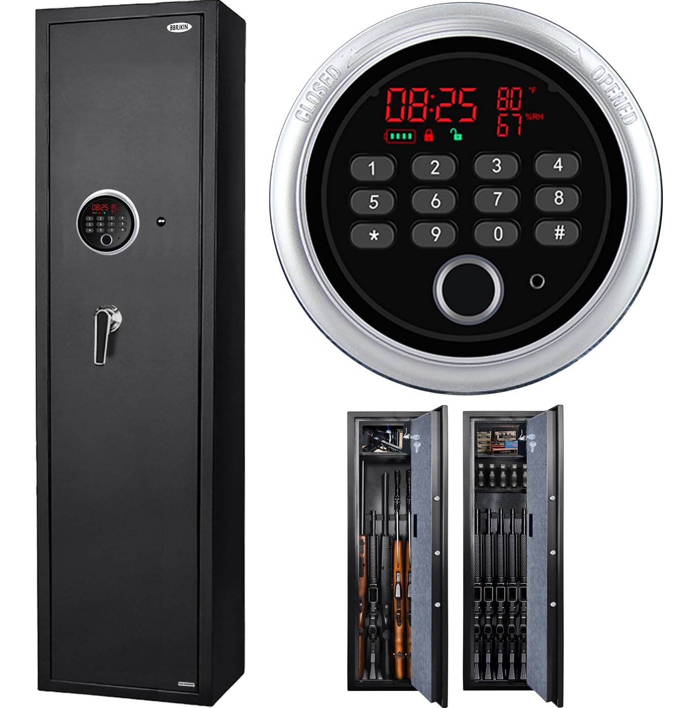 2025 New and Improved Rifle Safe, Biometric Long Gun Safe for Rifle Shotgun with Time Temperature Humidity Display, Quick Access 5-6 Gun Storage Cabinet with Lock Box and Removable Shelf