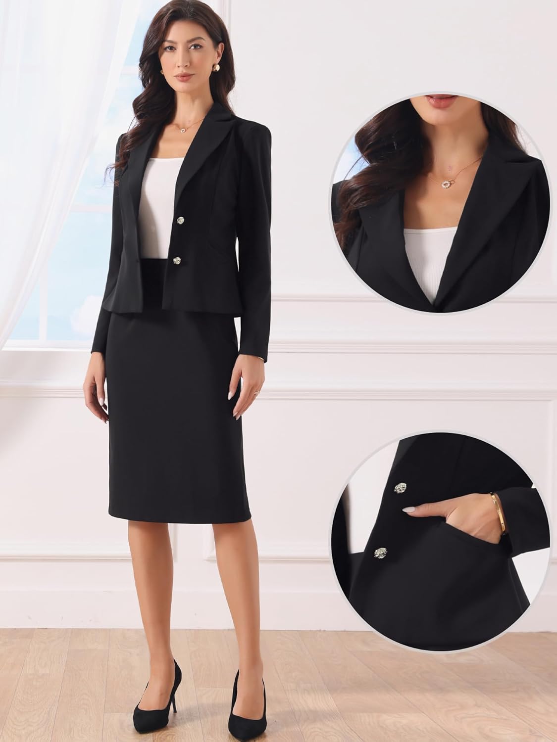 Allegra K 2 Piece Suit Skirt Set for Women Long Sleeve Blazer Pencil Skirt Suits Formal Work Business Outfits