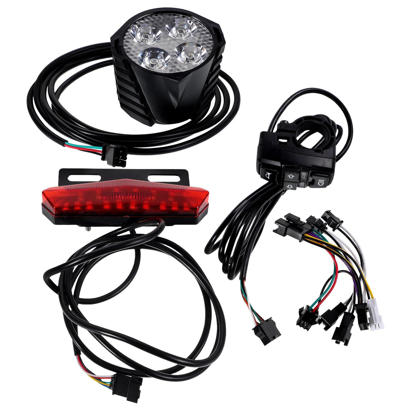 Kit Luces Bicicleta Eléctrica con Luz Delantera Led, Luz Trasera con Intermitentes y Botón Interruptor de Bocina para Señalización y Seguridad en Ciclismo Urbano