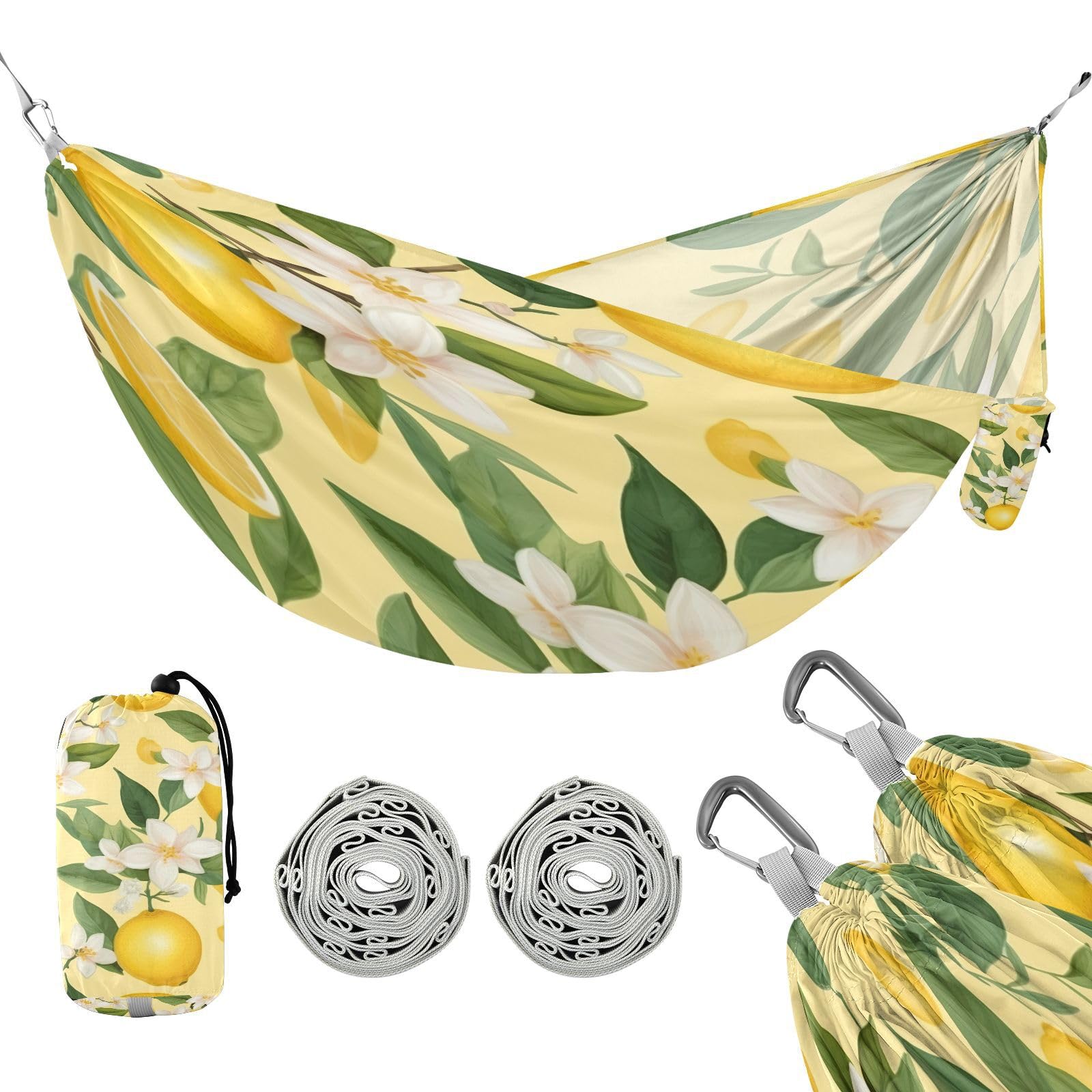 Haskirky Lemon Flower Camping Hammock, Single Portable Hammocks with Tree Straps & Attached Carry Bag, 330Lbs Capacity Perfect for Outside Indoor Hiking Beach Backpack Travel