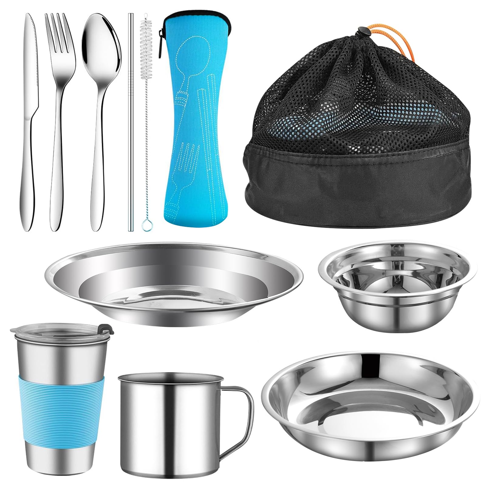 Set Posate Da Campeggio In Acciaio Inox - Piatto, Ciotola, Tazza, Posate Pieghevoli, Borsa Rete - Foto 4