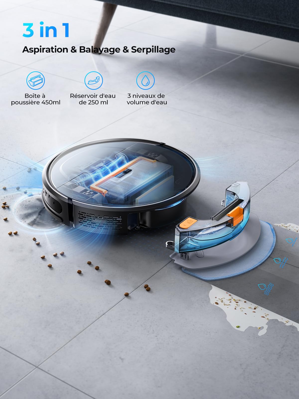 Laresar Clean Aspirateur Robot Evol 3, Robot Aspirateur Laveur 3 en 1,Robot Aspirateur 8000Pa d'Aspiration,180min d'Autonomie, avec contrôle par Application, idéal pour Les Poils d'animaux, Les