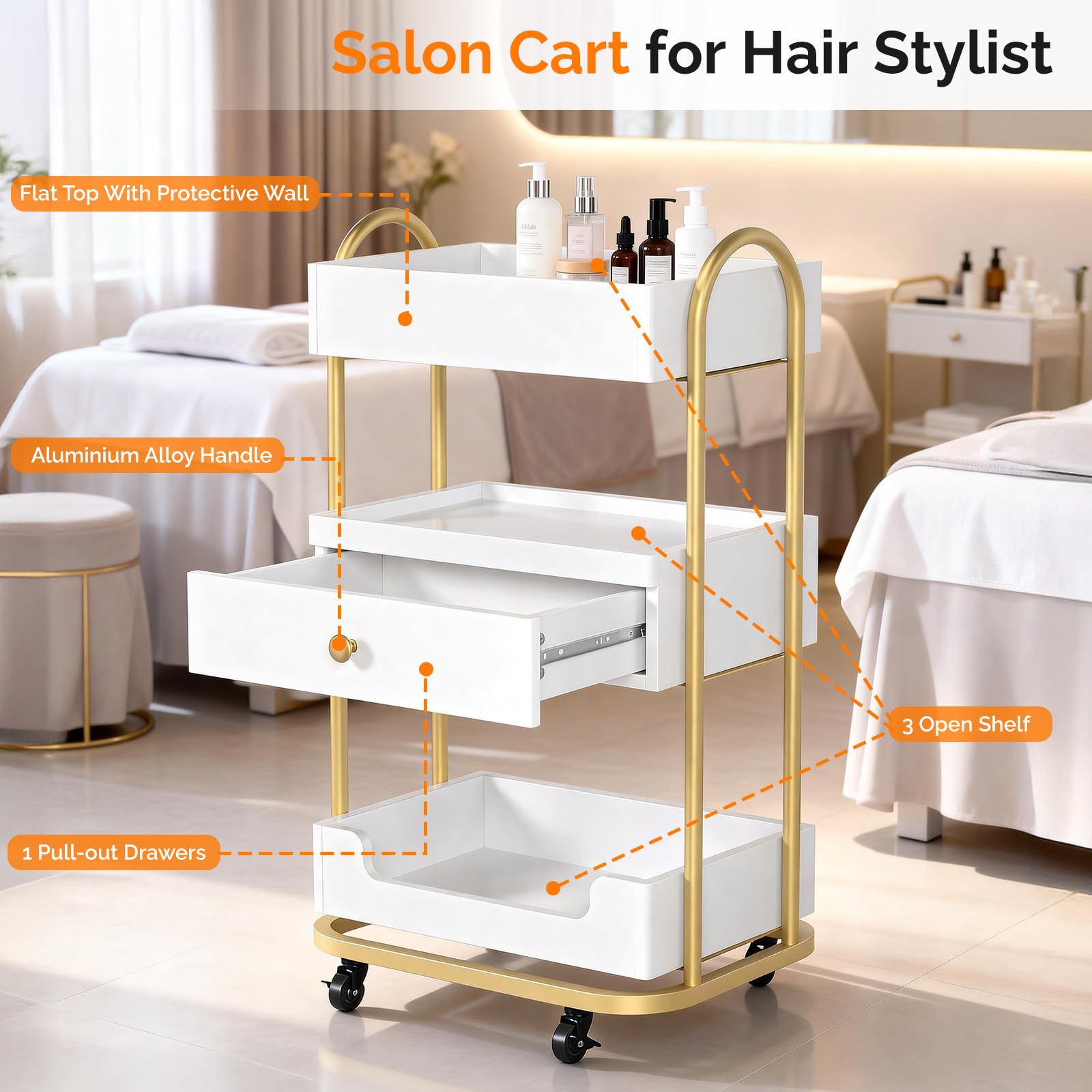 Bonnlo Friseurwagen Salon Trolley Rollwagen mit 4 Rollen 360° 3 Ablagen Schubladen MDF 46x31.5x81.5 cm Weiß-Gold