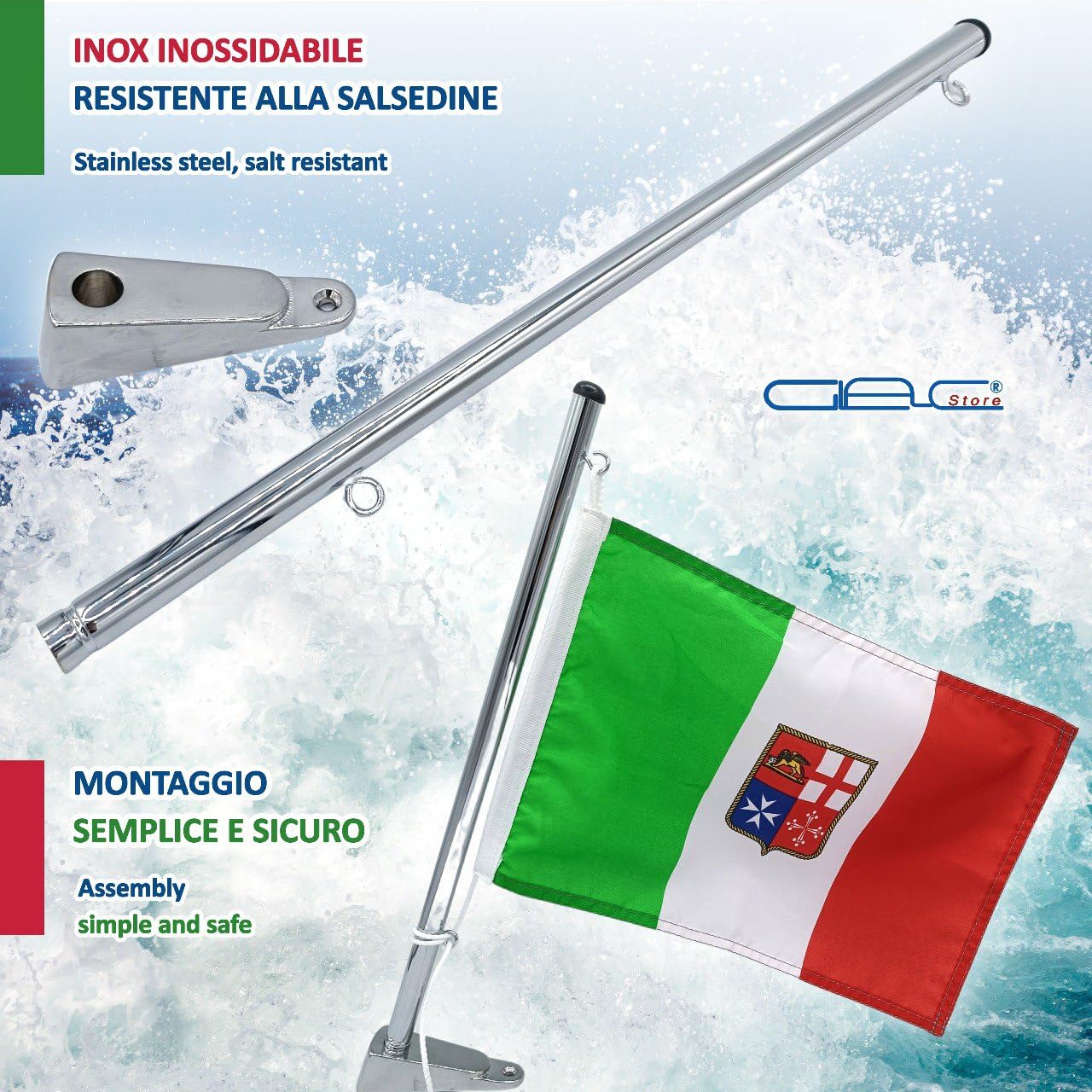 Asta Per Bandiera In Acciaio Inossidabile Regolabile Fino A 180 Cm - Con Staffa Per Esterno, Argento