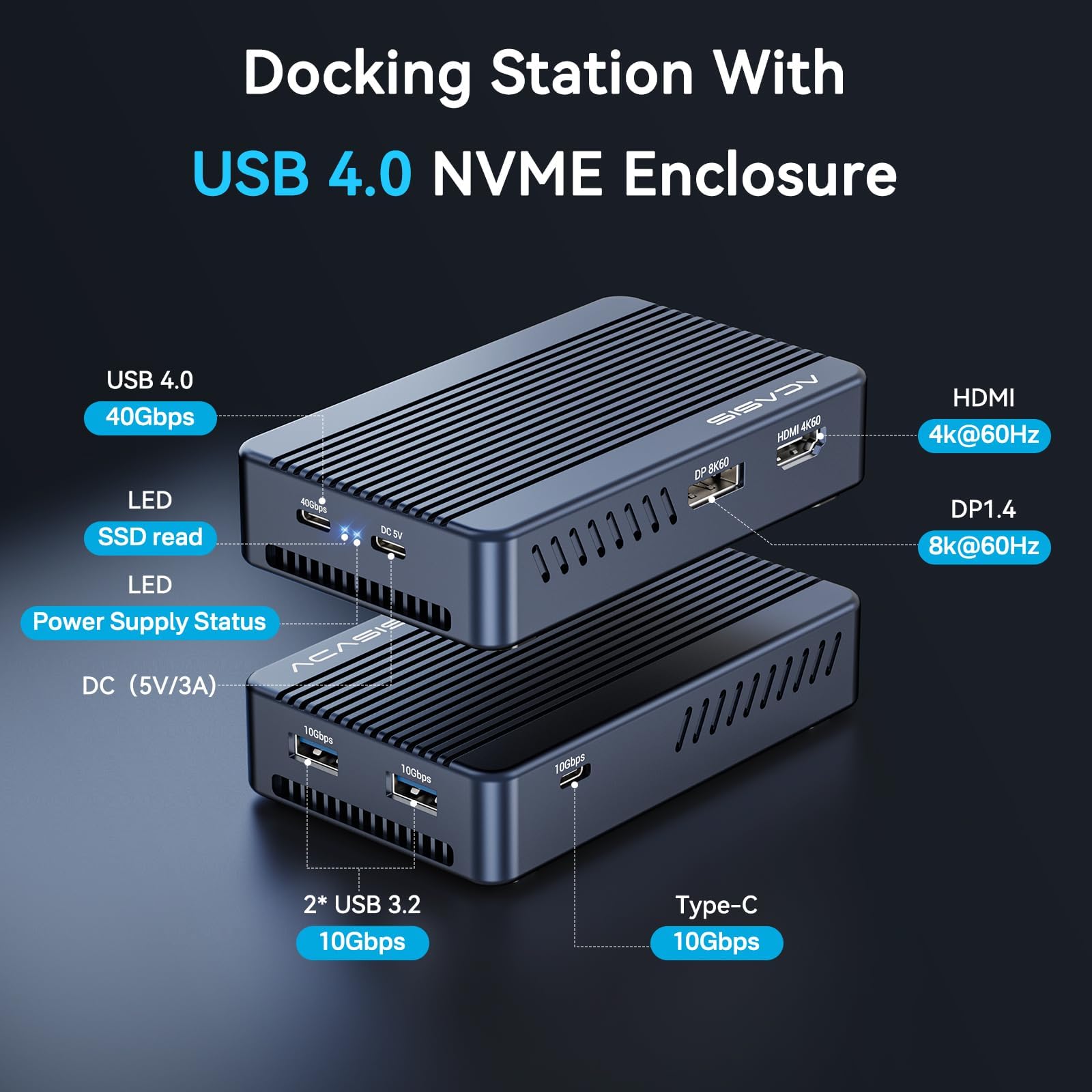 ACASIS Case SSD M2 NVMe 40Gbps, TBU405 Plus Compatibilità con Thunderbolt 4/3/, Con 1 DP(8K60Hz)+1 HDMI, 3 porta USB 10Gbps (2A+1C),NVMe Case Support SSD 2280/2260/2242/2230 B+M M-Key