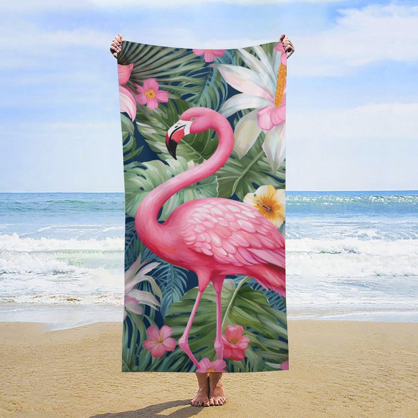 NTVOWPZO Flamingo Floral Pattern Beach Towel Oversized Microfiber Bath Towels Lightweight Sand Proof Beach Towels Absorbent Pool Towels for Swimming Yoga Bathroom Towel 31.5" X 63"