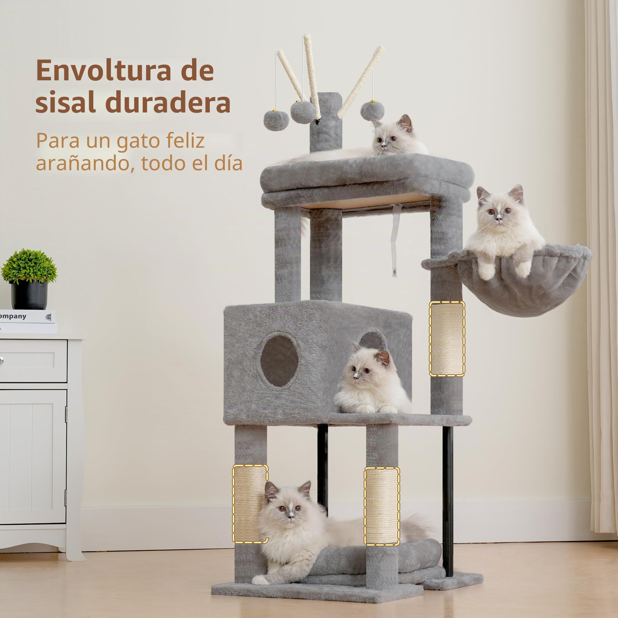 Heybly Árbol para Gatos de 115 cm, Torre para Gatos con Plataforma Grande, Cesta Colgante y Cueva, Postes Rascadores de Sisal, Pelotas Colgantes y Cojines Desmontables, Gris Claro HCT202SW